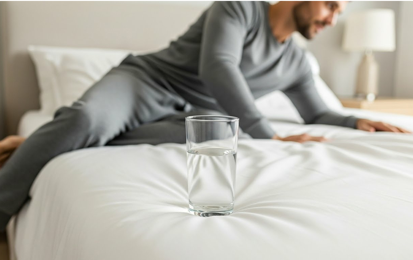 Person sitting on edge of bed with glass of water showing motion isolation