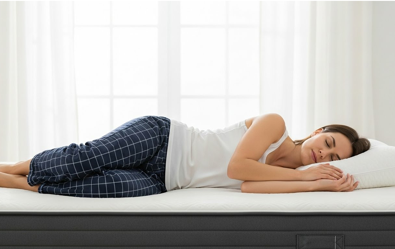 Person sleeping comfortably on mattress showing pressure relief